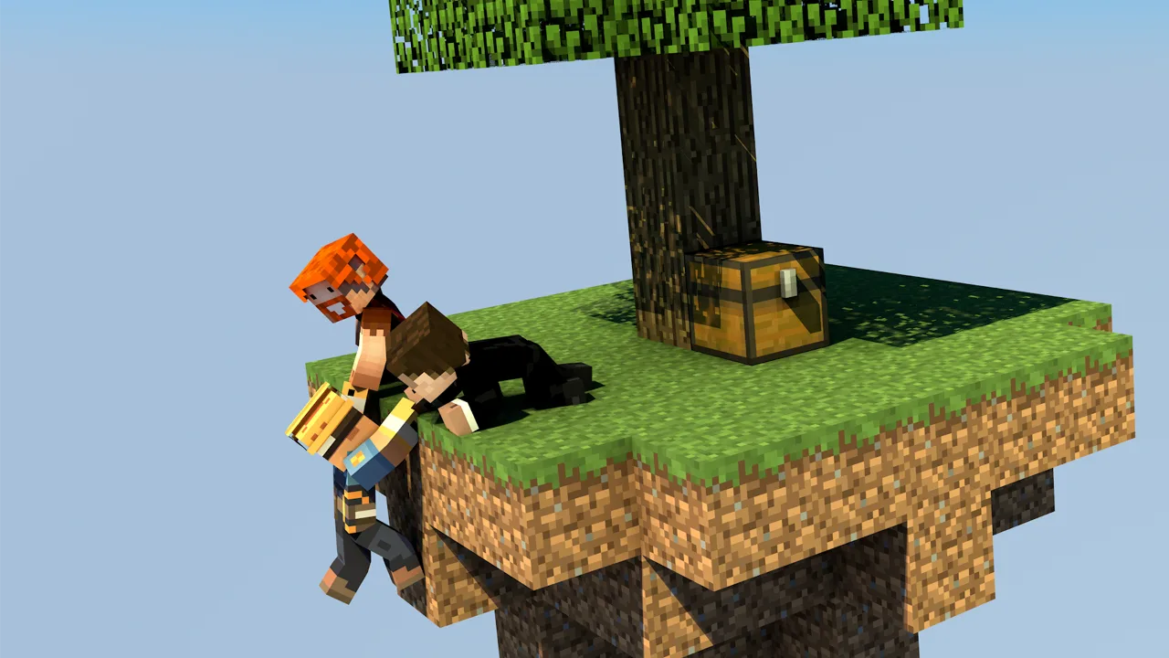 uSkyBlock Skyblock artwork showing two players on a floating starter island with a tree and chest